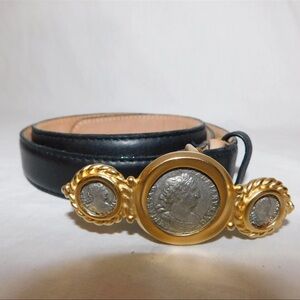 Ben-Amun Womens Sz M Dark Blue Leather Belt Coin Buckle Chunky Gold Tone